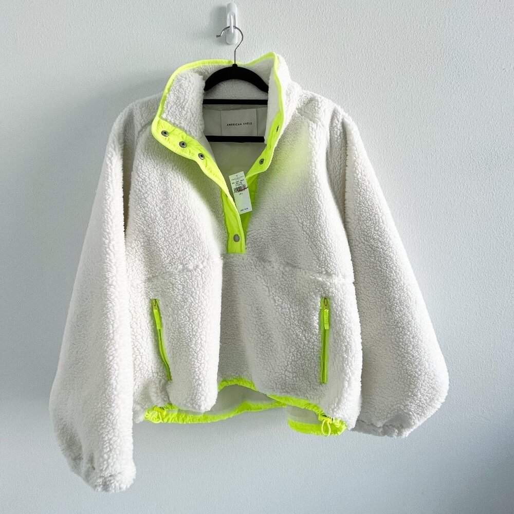 NEW American Eagle Sherpa Teddy Pullover Jacket Sweatshirt White L large